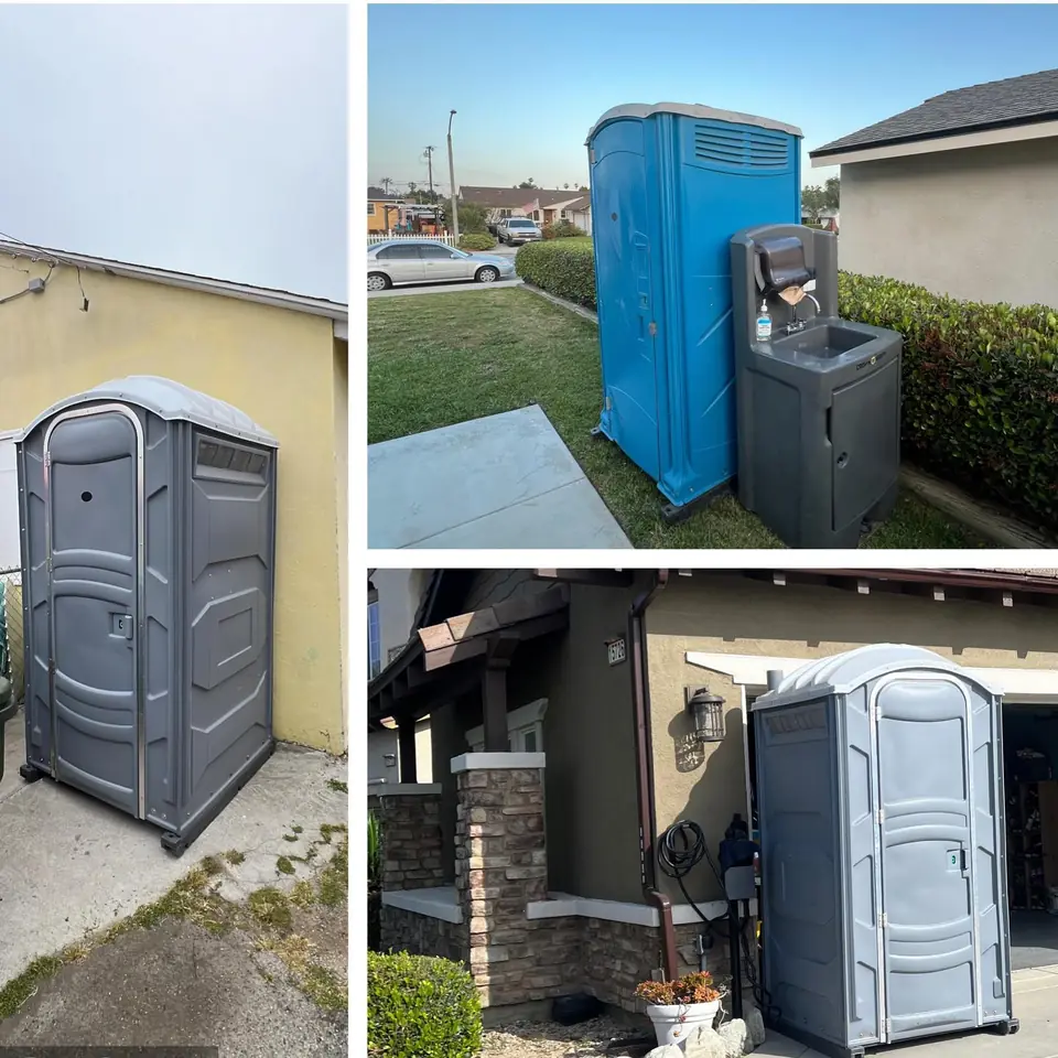 Three residential porta potty placements beside homes and a handwash station
