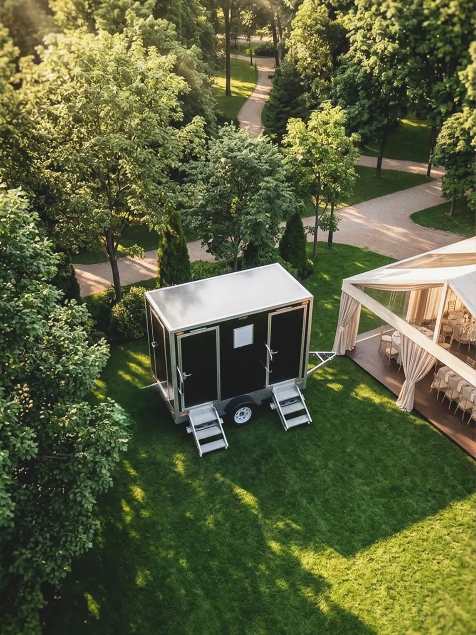 Aerial view of a restroom trailer in a garden wedding venue
