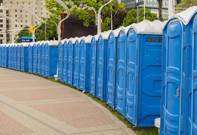 a row of portable restrooms at a fairground, offering visitors a clean and hassle-free experience in ridgemark