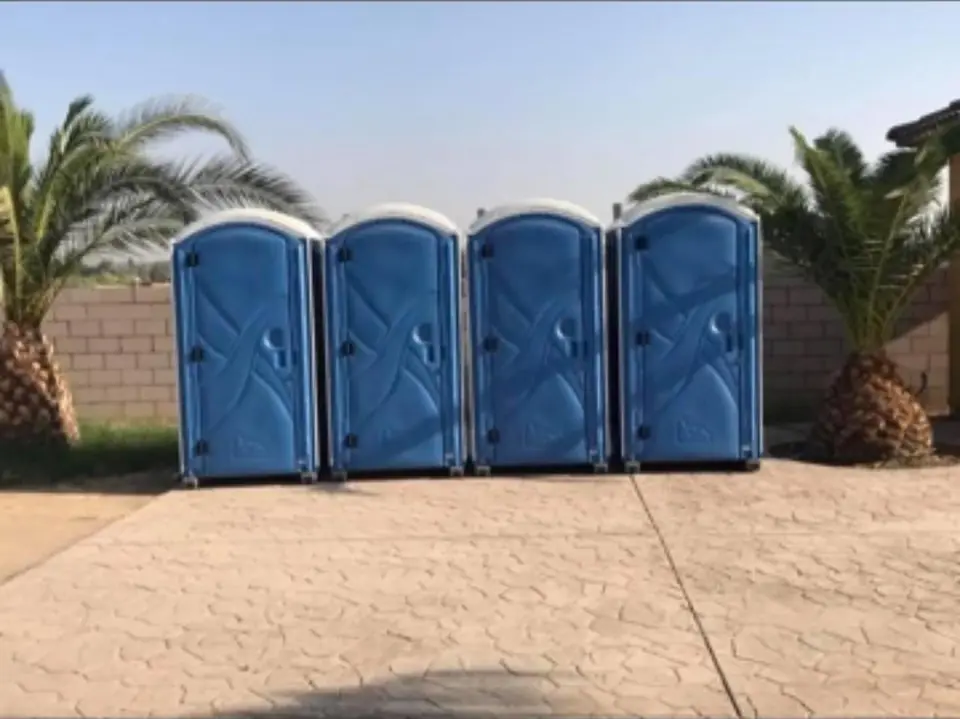 Row of four blue porta potties set up on pavement between palm trees